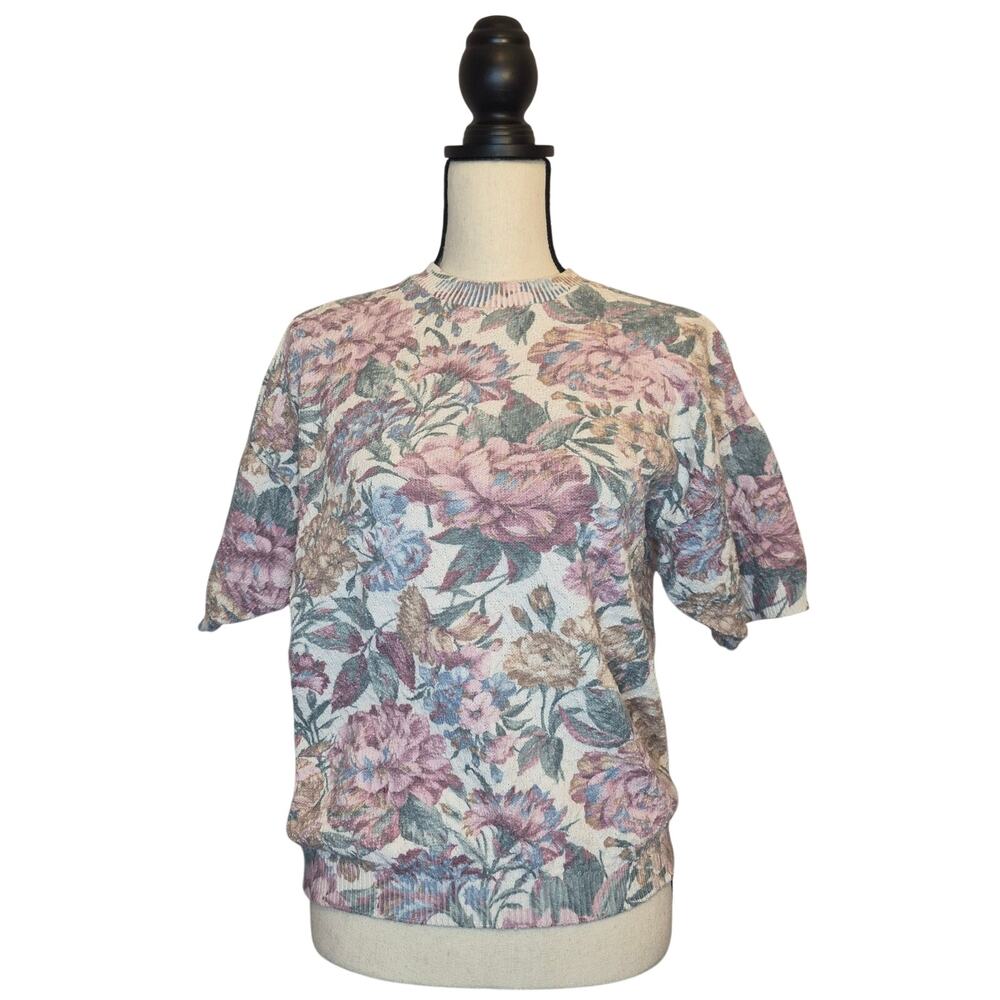 United States Sweaters Vintage Floral Knit Short Sleeve Top Pastel Cottage Sz M